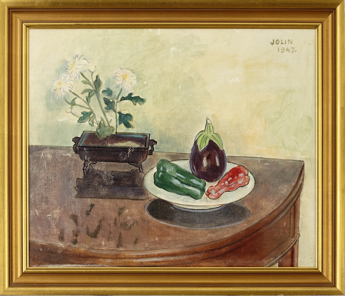 Still life with flower and vegetables on plate by Einar Jolin