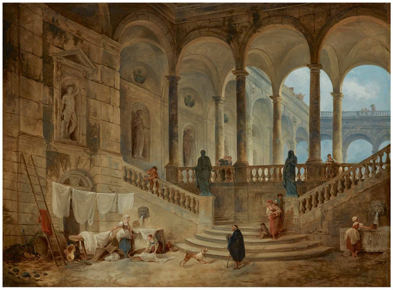 VIEW OF THE PALAZZO DURAZZO, GENOA, WITH WASHERWOMEN AND OTHER FIGURES IN THE FOREGROUND by Hubert Robert