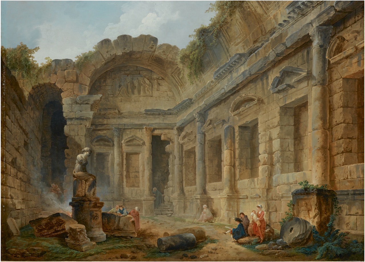 THE TEMPLE OF DIANA AT NIMES WITH FIGURES IN THE FOREGROUND INCLUDING AN ARTIST SKETCHING by Hubert Robert