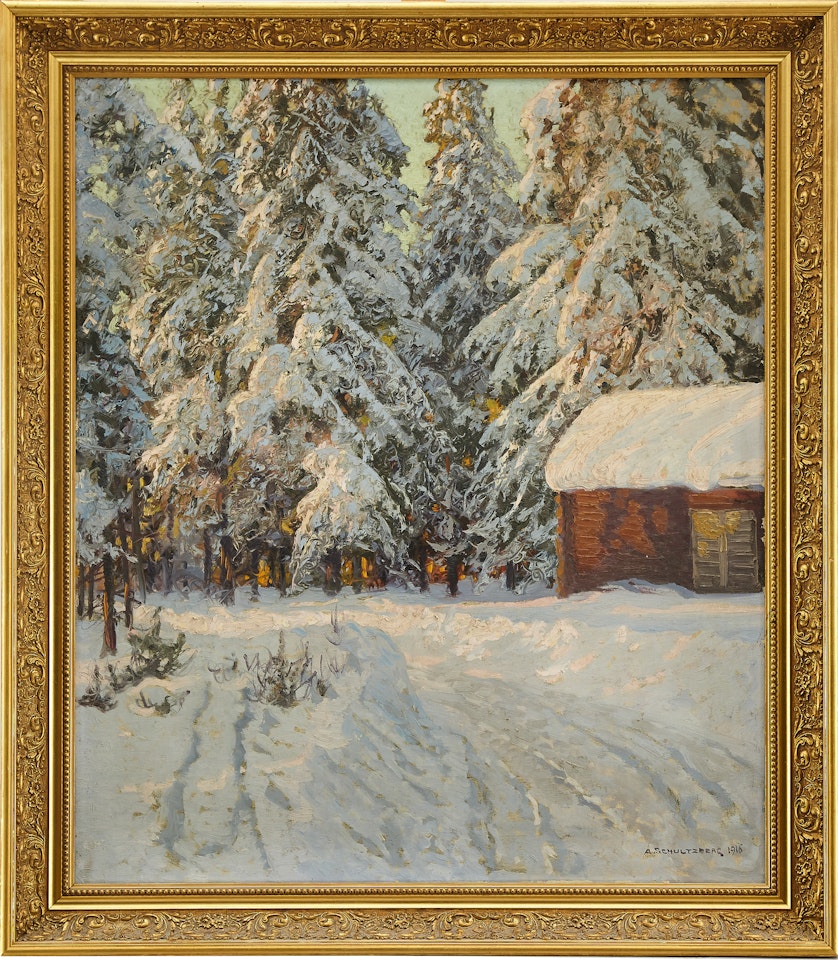 Timbered house in a winter landscape - motif from Säfsen, Dalarna by Anshelm Schultzberg