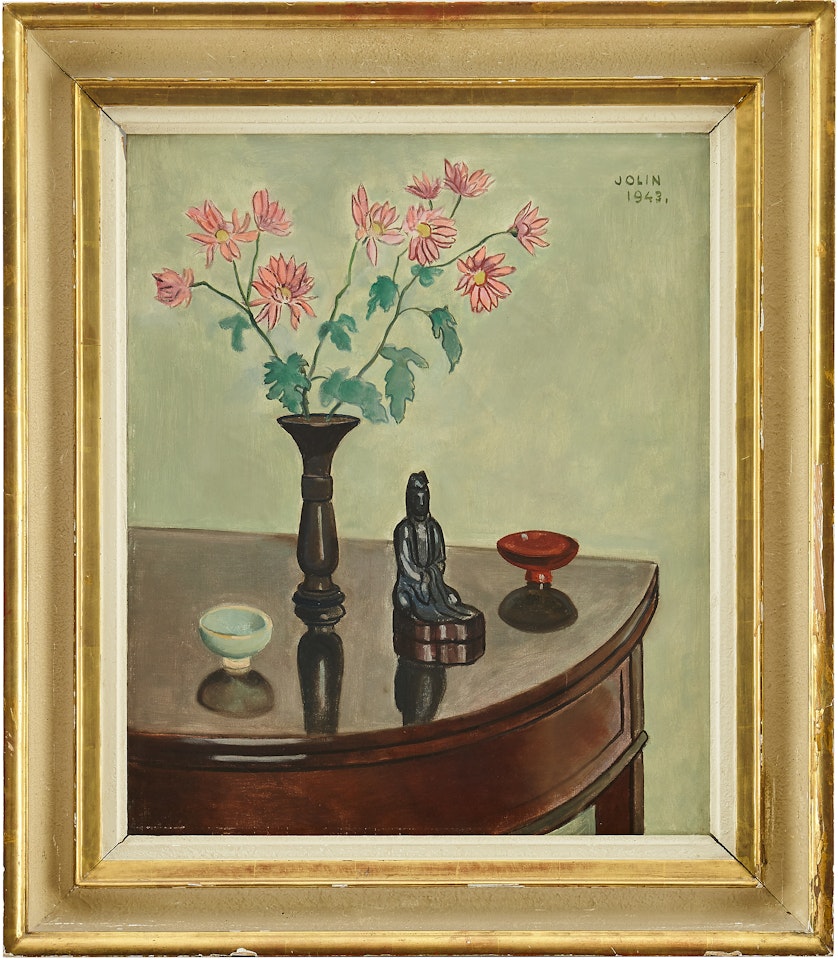 Still life with pink flowers and Asian objects on table by Einar Jolin