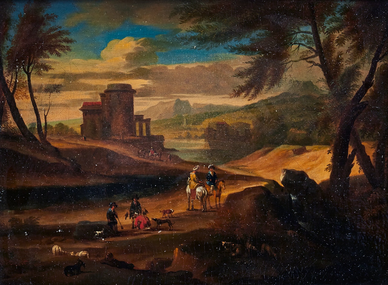 Pastoral landscape with Falconers by Pieter Bout
