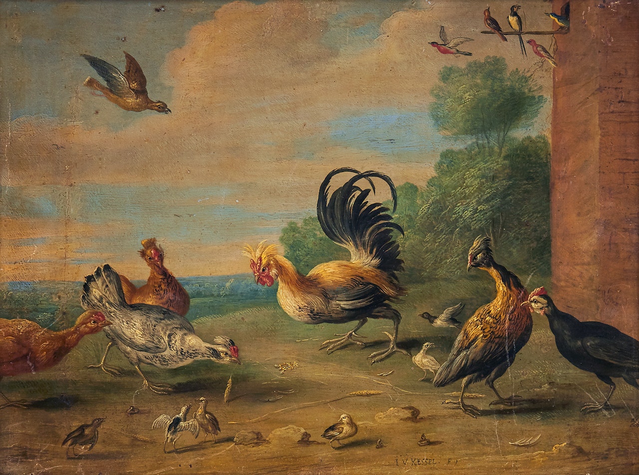 ”The Cock and the Jewel” - A cock, hens and other birds in a landscape by Jan Van Kessel The Elder