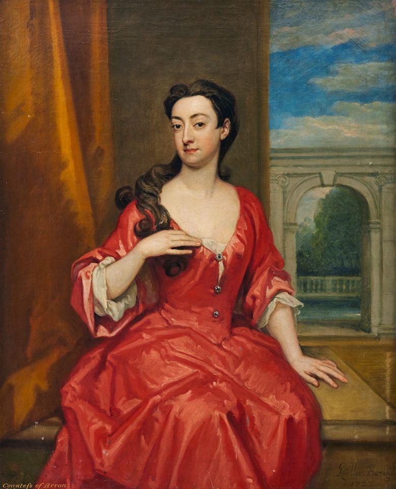 Portrait of Elizabeth Crew, countess of Arran, in a red dress seated on a stone ledge by Godfrey Kneller