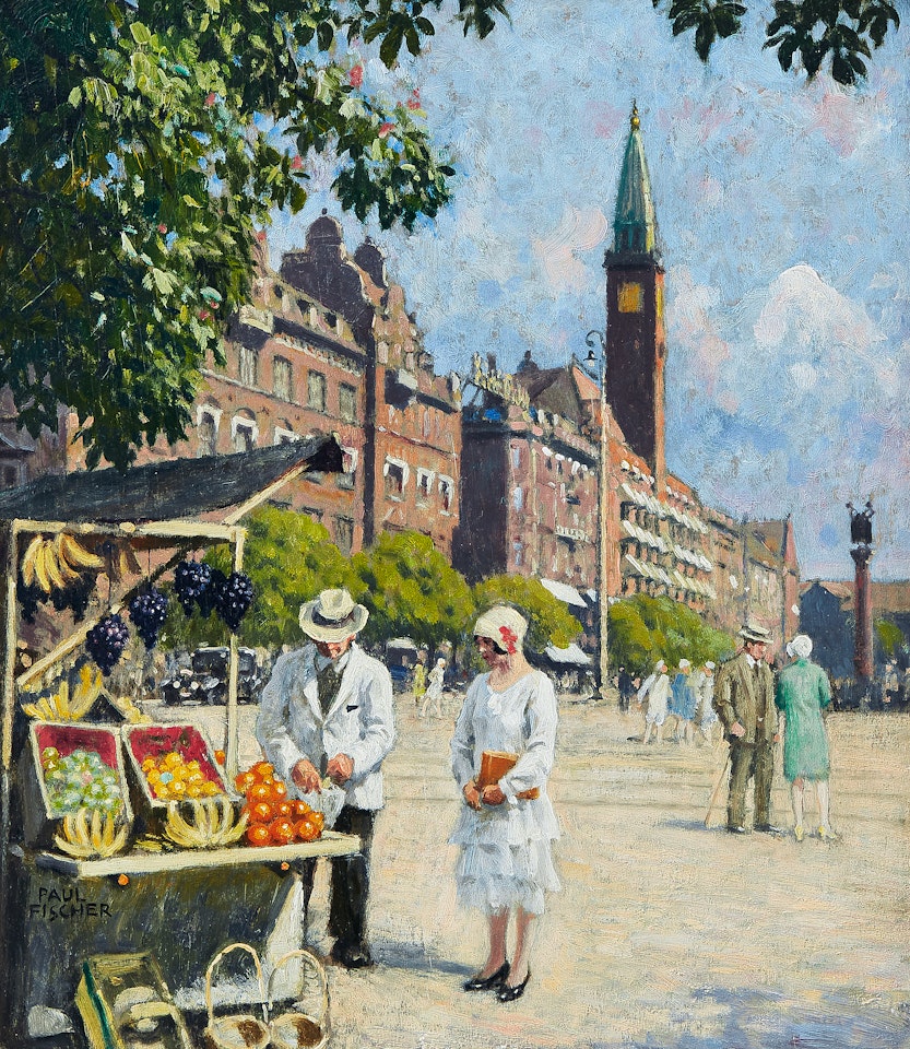 At the fruit stand - scene from Rådshuspladsen, Copenhagen by Paul Fischer