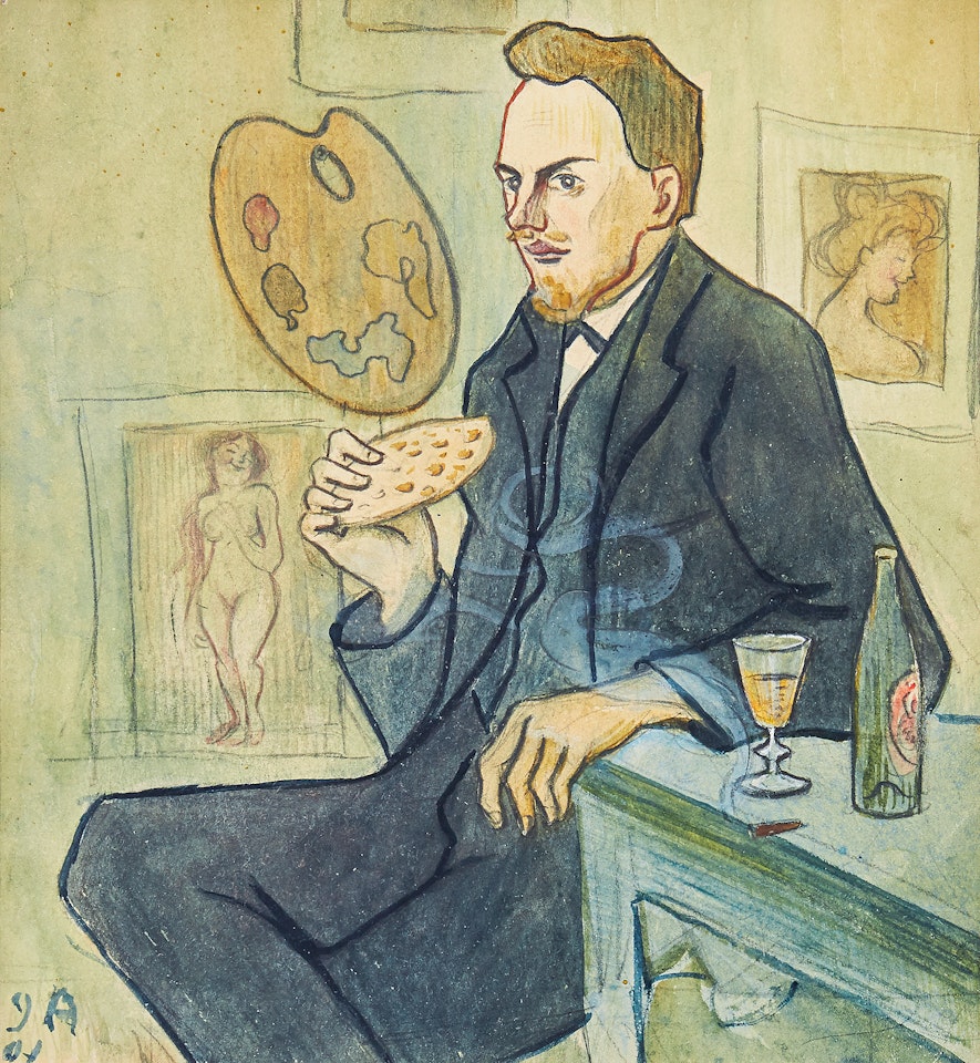 Portrait of man with palette, beer and sandwich by Ivar Arosenius