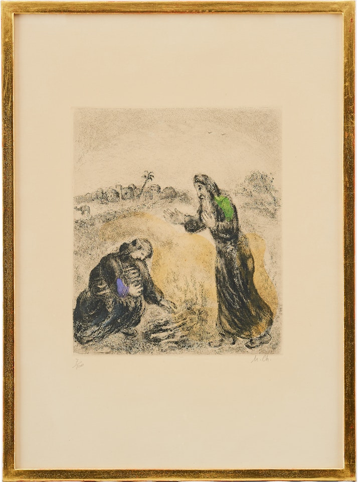 The Bible Series (pl. 83): "At the gate Zarephath, Elijah meets a widow gathering wood..." by Marc Chagall