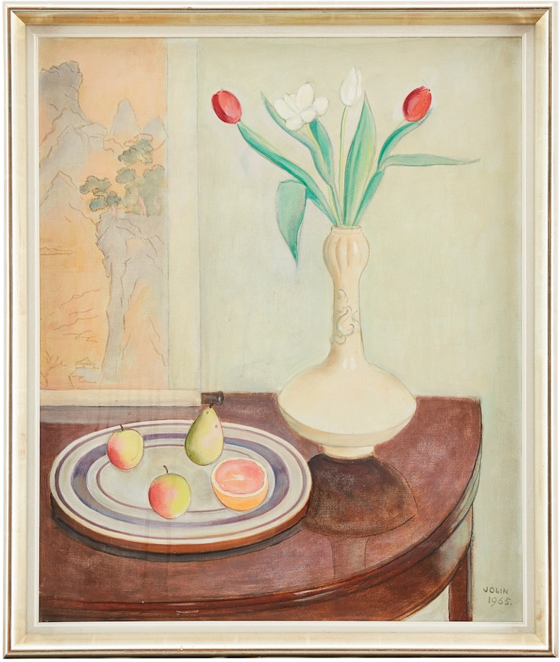 Still life with flowers in a vase and fruit on a plate by Einar Jolin