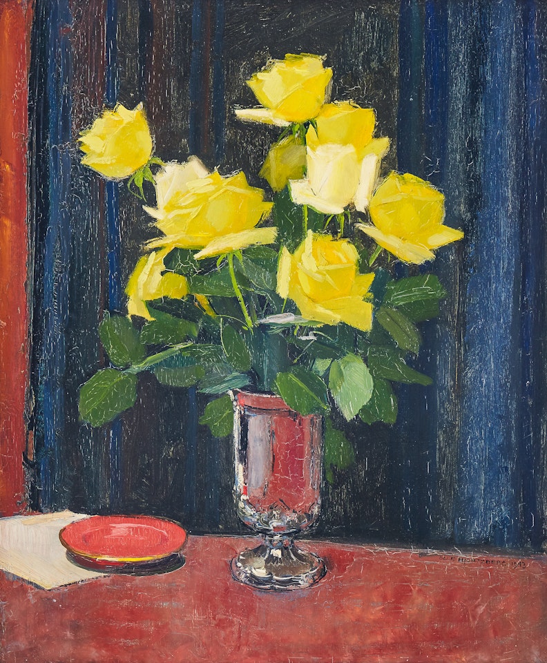 Yellow roses in silver vase by Olle Hjortzberg