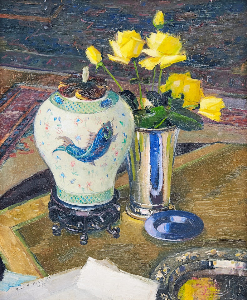 Still life with yellow roses in silver vase and Chinese urn with lid by Olle Hjortzberg