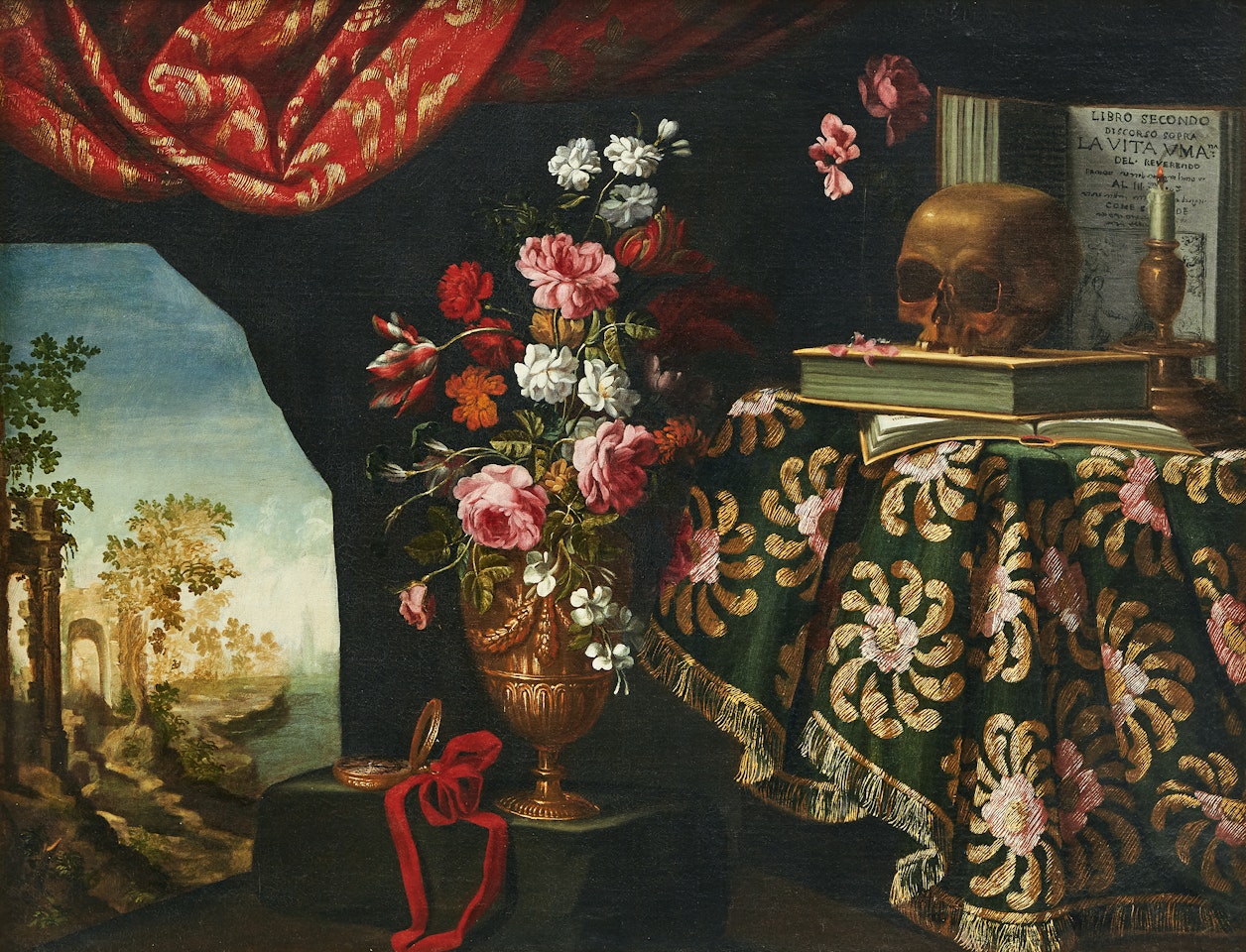 Vanitas still life with a landscape, a skull, vase of flowers, table covered with a carpet and a curtain by Pier Francesco Cittadini