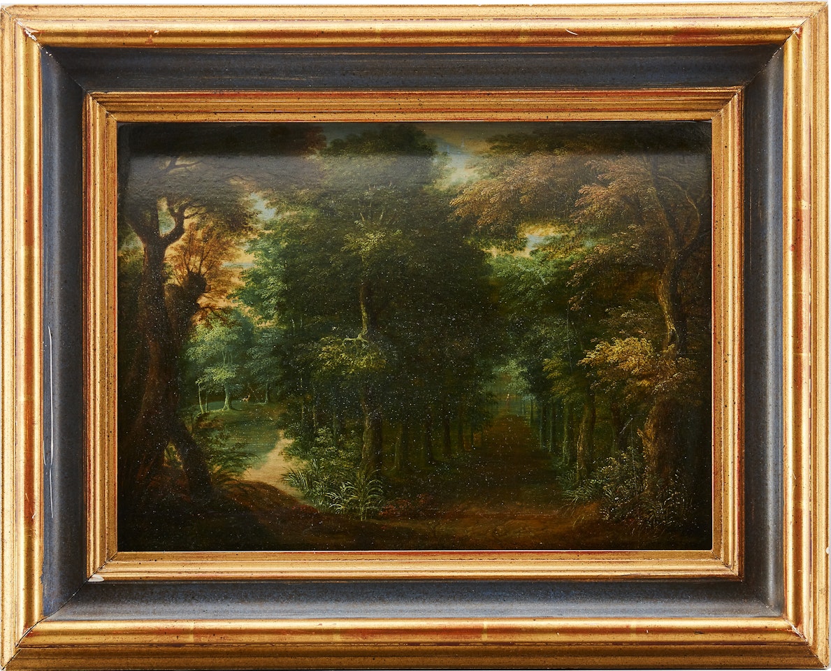 Forest landscape with woman in a clearing by Flemish School