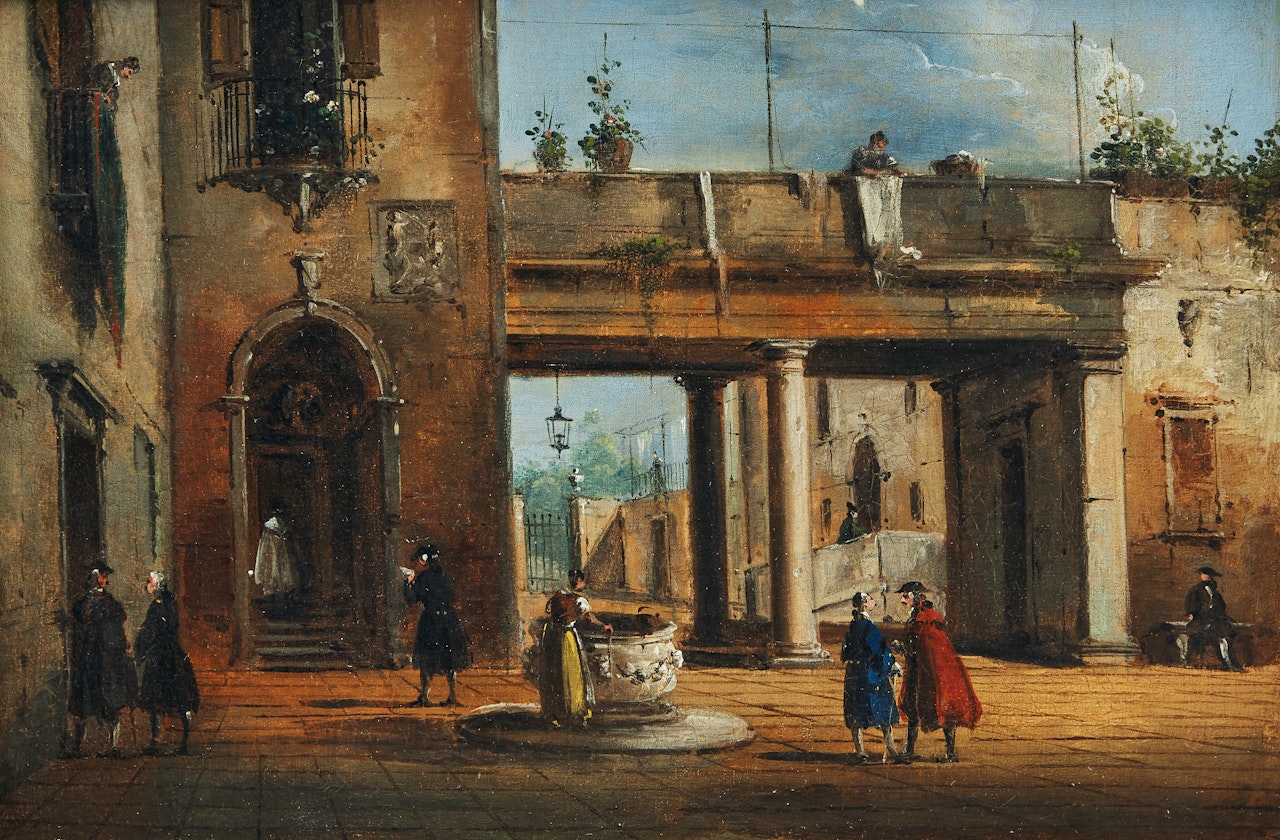 A courtyard of an Italian piazza with elegant figures by Giuseppe Bernardino Bison