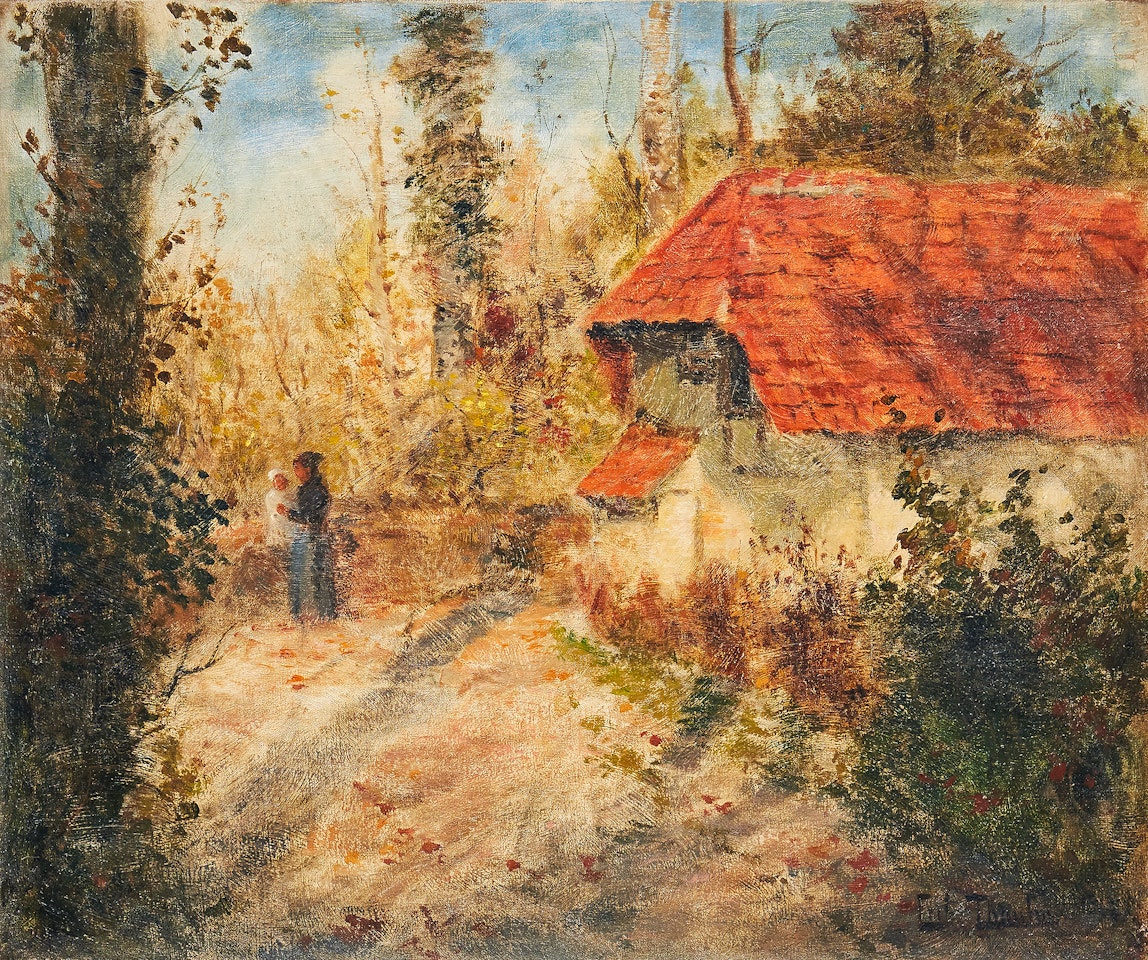 A woman with her child in a garden by Fritz Thaulow