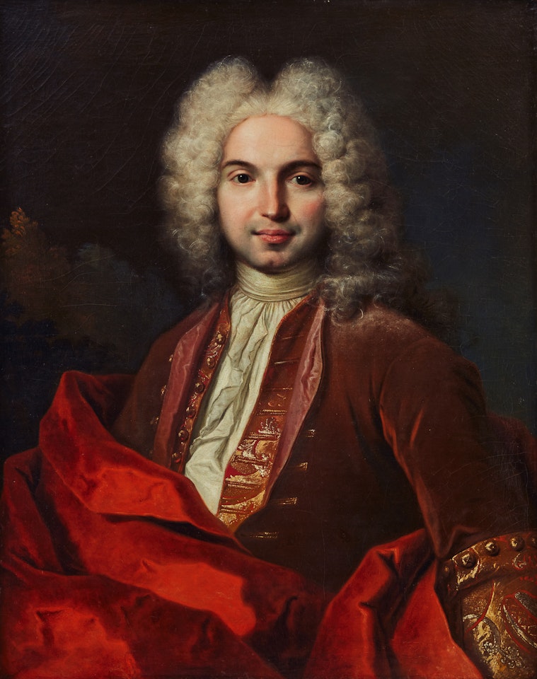 Circle of. Portrait of a nobleman in a red velvet coat by Hyacinthe Rigaud