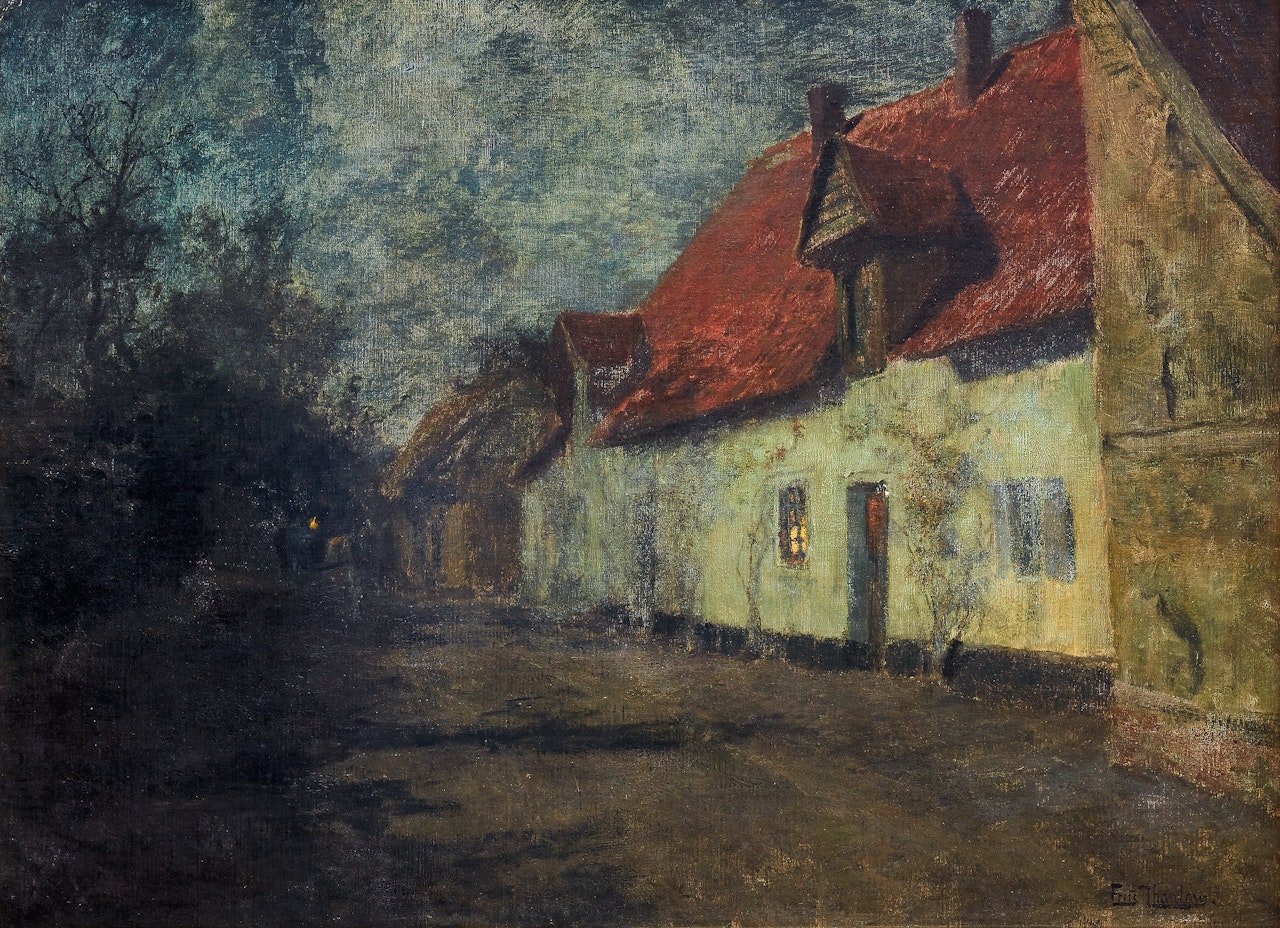 Village street at night with a horse carriage by Fritz Thaulow