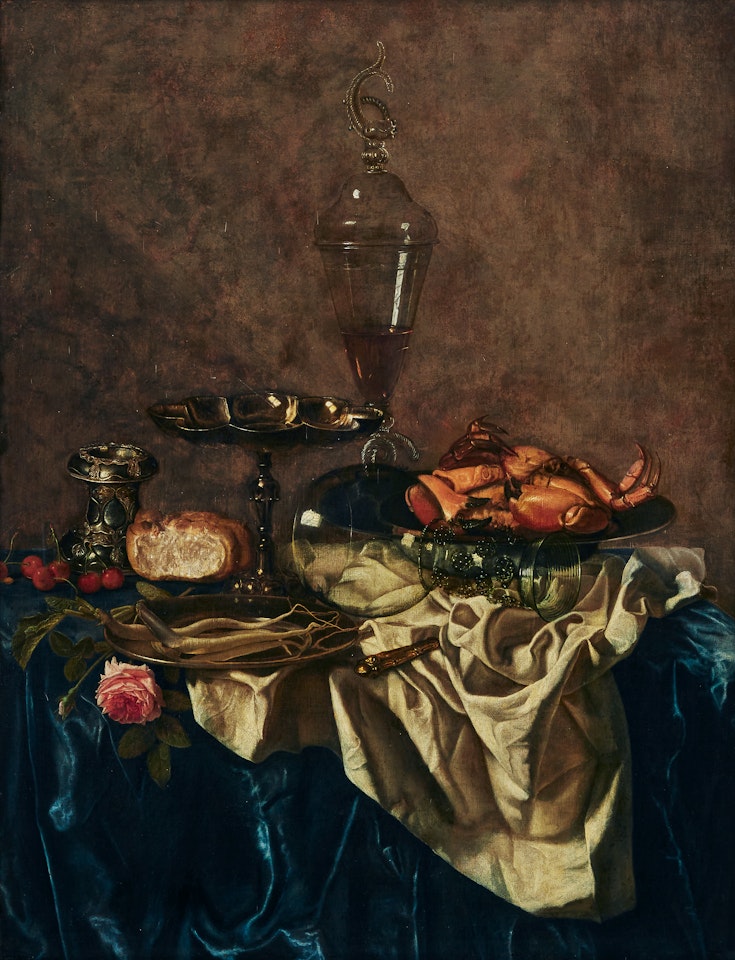 Circle of. Still life with a crab, a venetian glass, a rummer, a silver tazza, cherries and a rose by Willem Claesz Heda