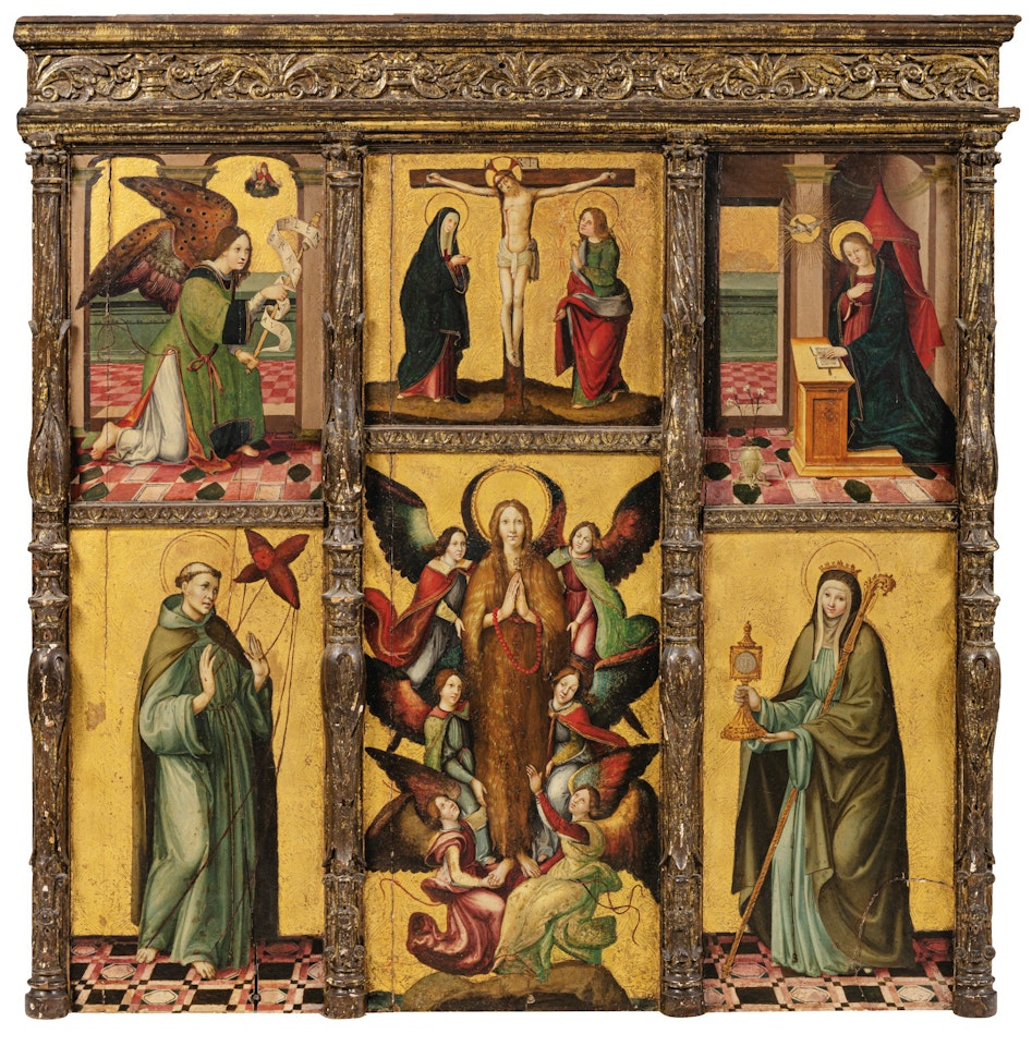 POLYPTYCH WITH THE CRUCIFIXION, THE ANNUNCIATION, SAINT FRANCIS, MAGDALENE AND SAINT CLARA by Spanish School