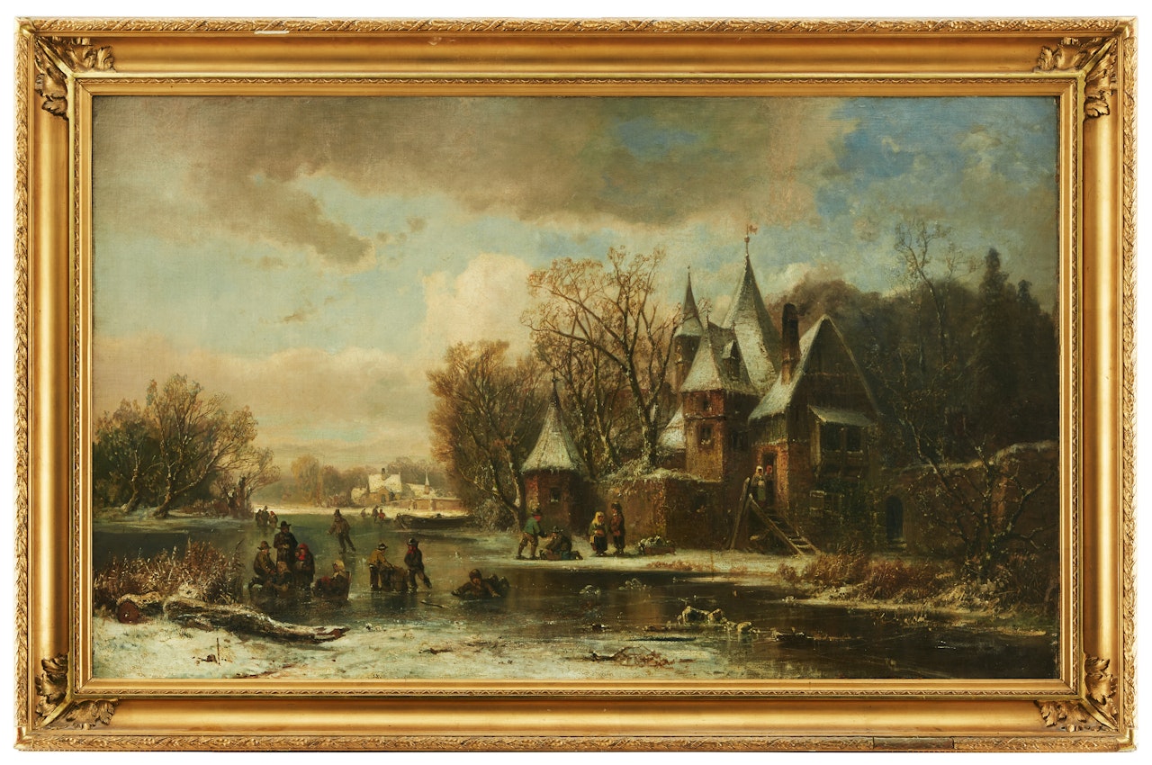 Winter city with skaters by Dutch School