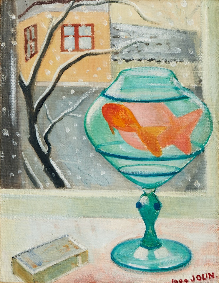 Goldfish in glass bowl against winter view by Einar Jolin