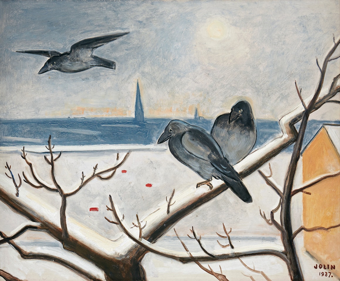 Crows on snow-covered branches - view from Södermalm by Einar Jolin