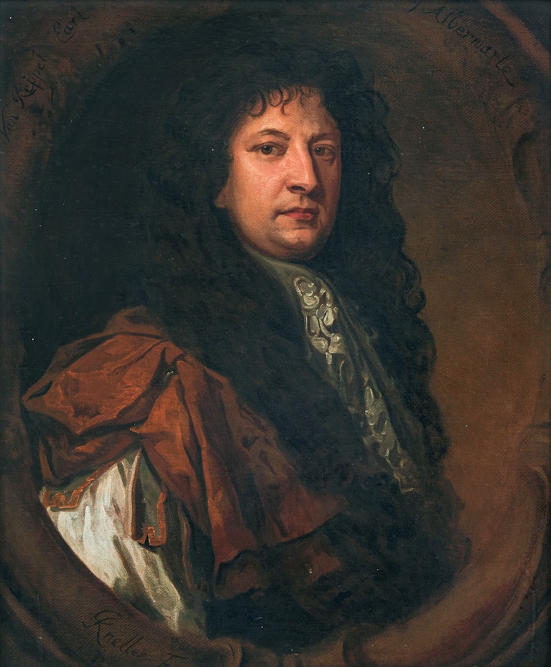 Portrait of a nobleman, at half length, wearing a light brown coat with lace chemise and a wig, in a feigned stone window by Godfrey Kneller