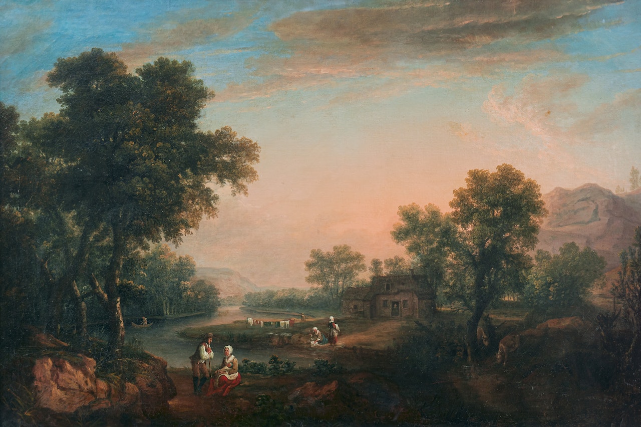 Pastoral river landscape with a cottage and figures by Francesco Zuccarelli
