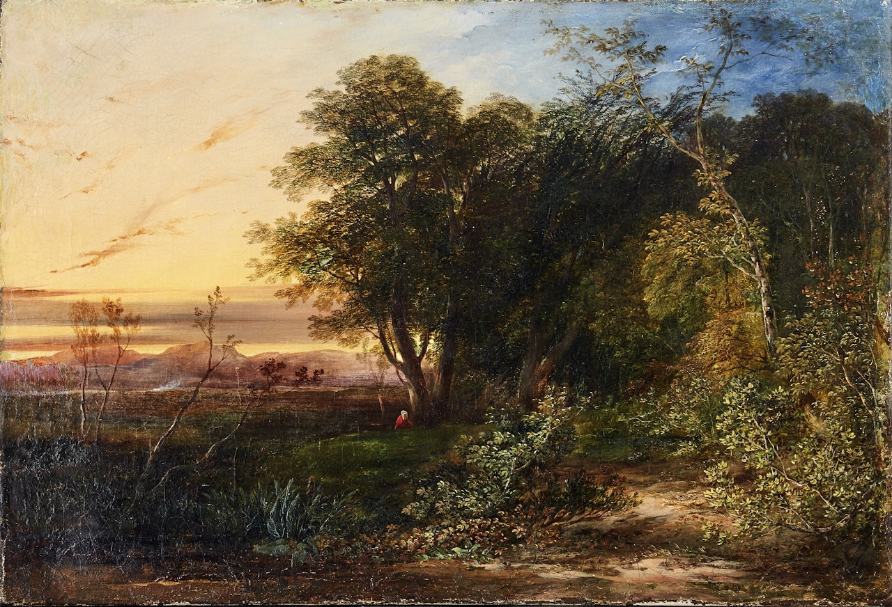Twilight landscape with figure by English School