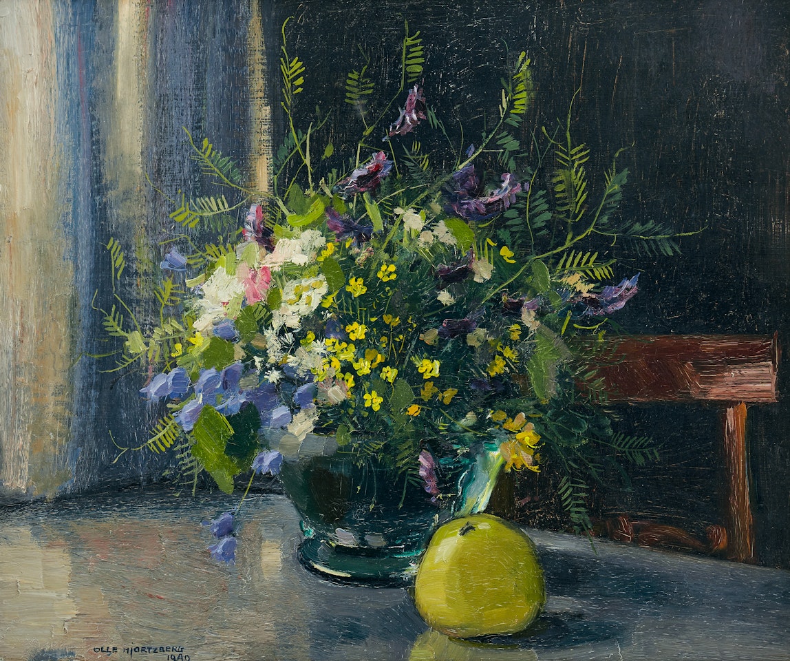 Bouquet of flowers and apple on table by Olle Hjortzberg