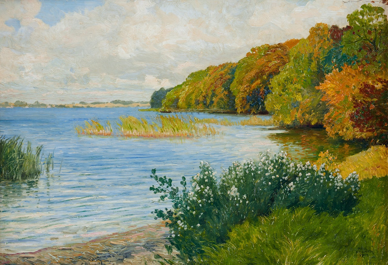 A sunlit coastal scene from Fredensborg, Esrum Sø by Paul Fischer