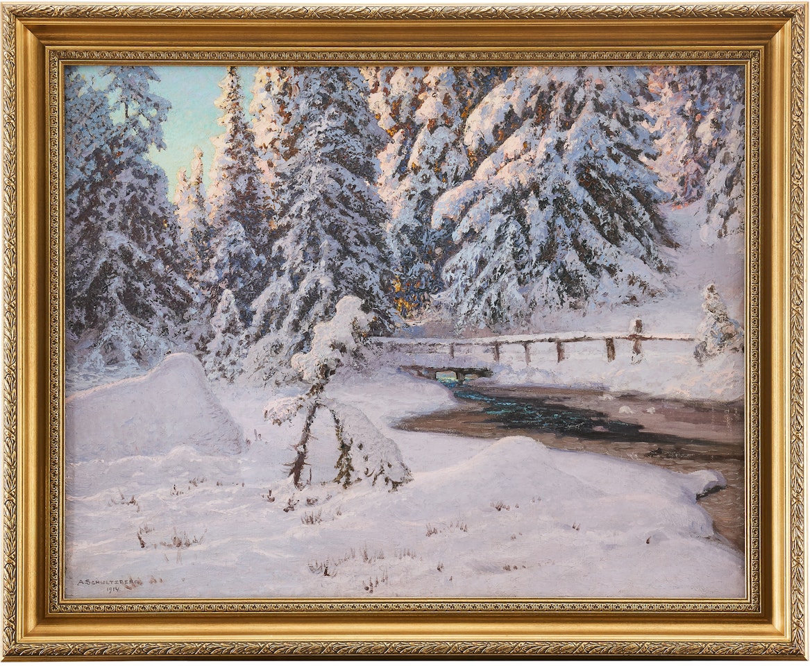 The river flows quietly in a snowy winter landscape by Anshelm Schultzberg