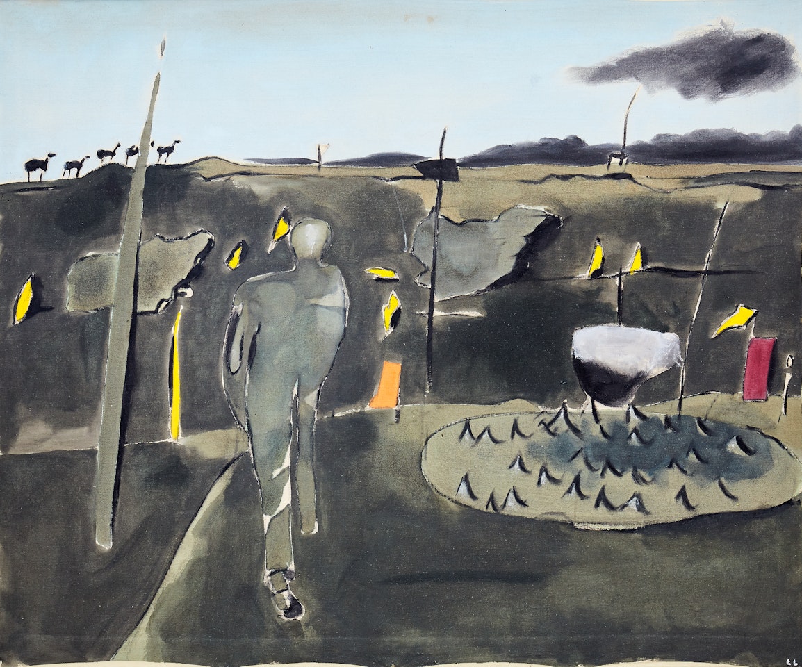 "Landscape with figure and sheep, Gotland" by Lage Lindell