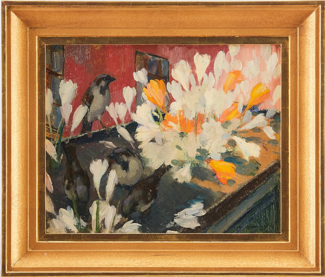 Birds in flowerbed with crocus by Olle Hjortzberg