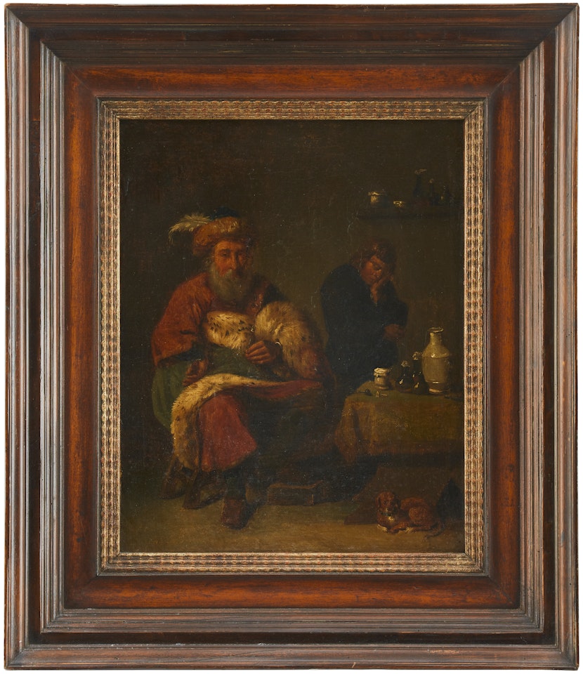 Interior with fur-clad man by Dutch School