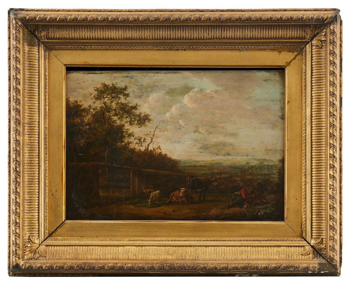 Landscape with cattle and sleeping shepherd by Dutch School