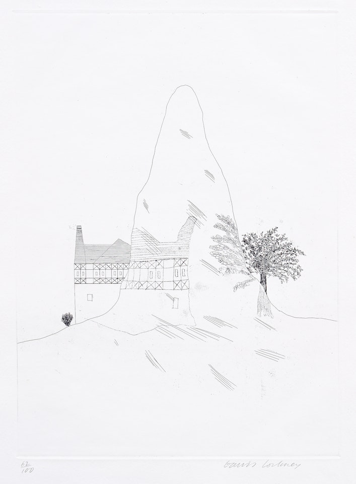Two prints from ”Six Fairy Tales From the Brothers Grimm”; ”The Sexton Disguised as a Ghost Stood Still as Stone” and ”The Glass Mountain”. by David Hockney