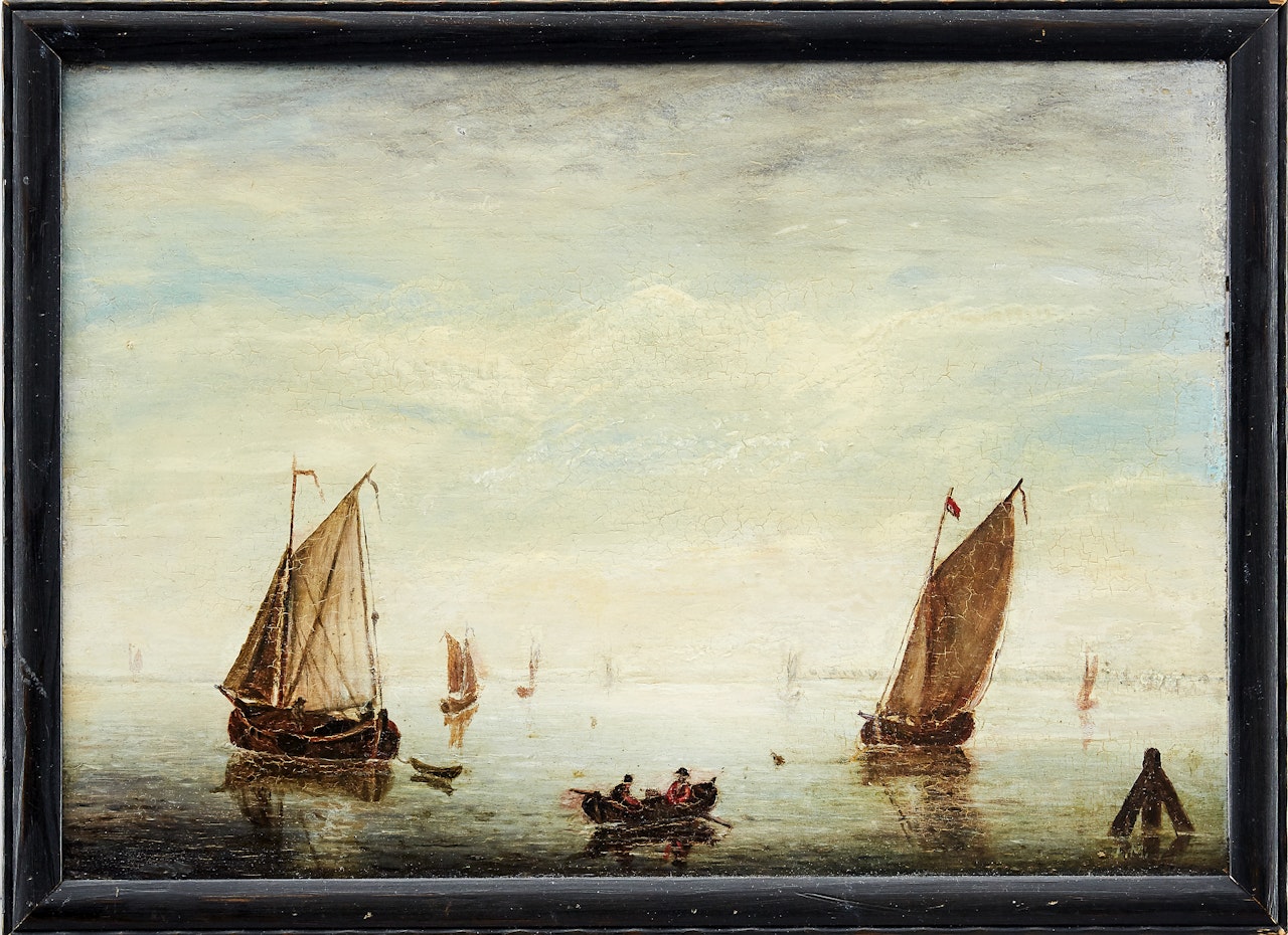Coastal image with ship by Dutch School