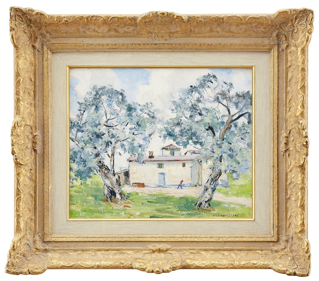 Southern landscape with white house facade by Olle Hjortzberg