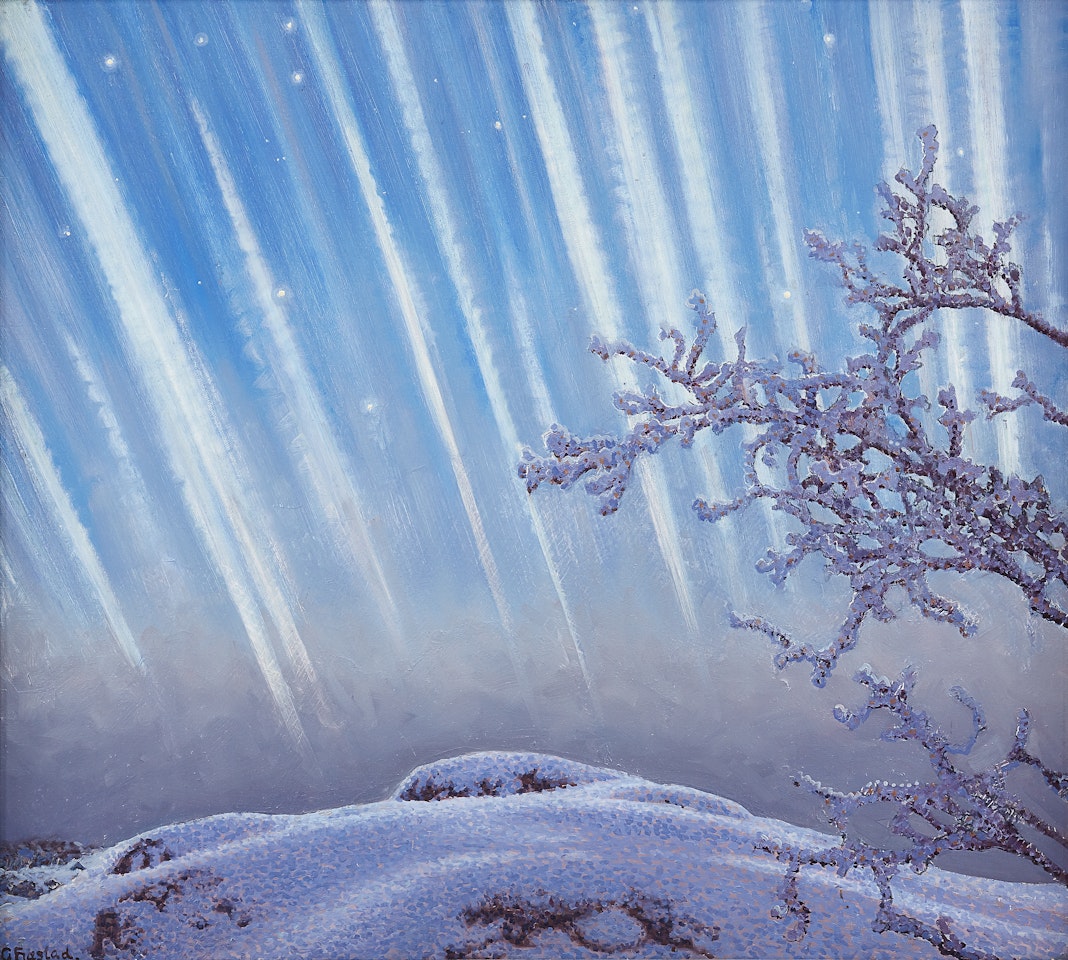 Northern lights over winter landscape by Gustaf Fjaestad
