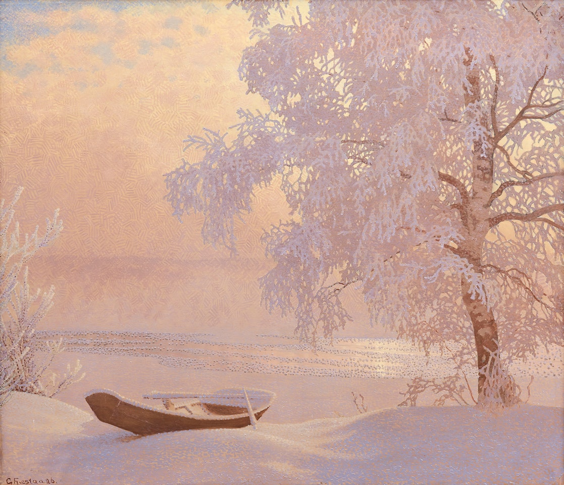 Winter landscape with fallen oak by Gustaf Fjaestad