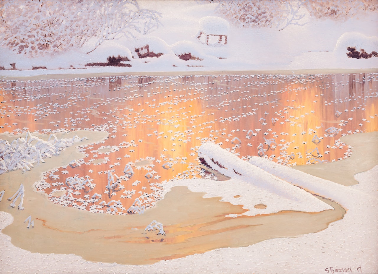 Sun reflections over winter landscape by Gustaf Fjaestad