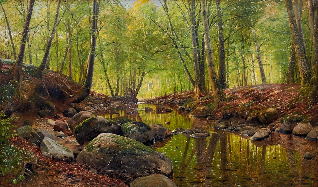 A river landscape by Peder Mork Monsted