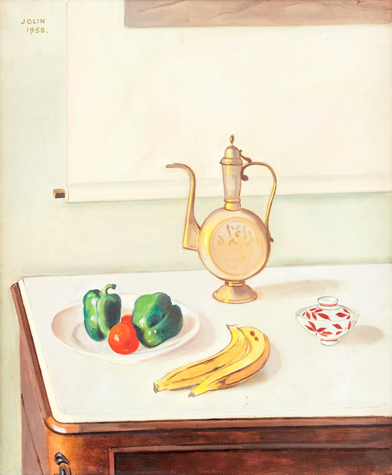 Still life with tomatoes, green peppers and bananas by Einar Jolin