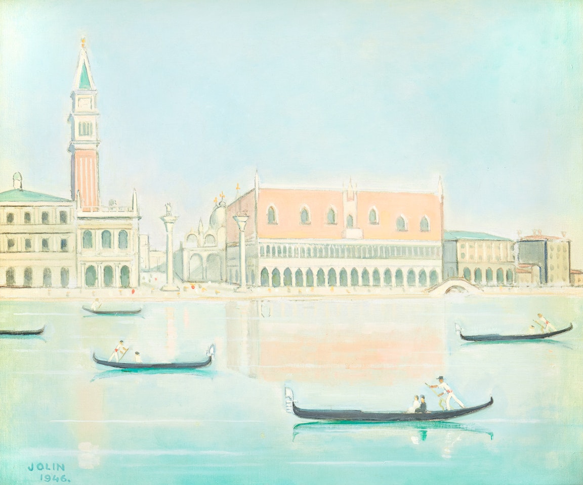Gondoliers outside the Doge"s Palace in Venice by Einar Jolin