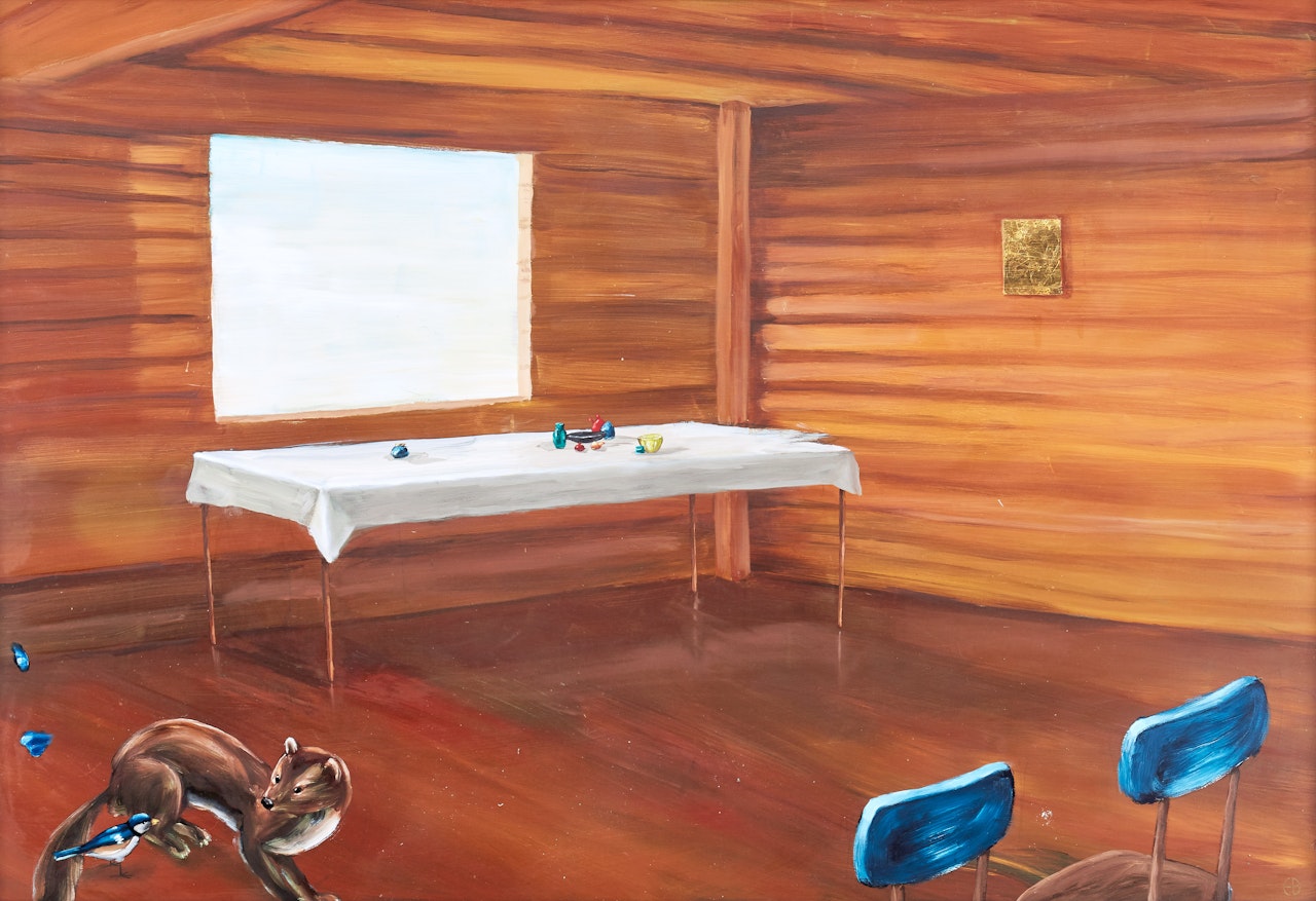 Interior with mink and bird by Ernst Billgren