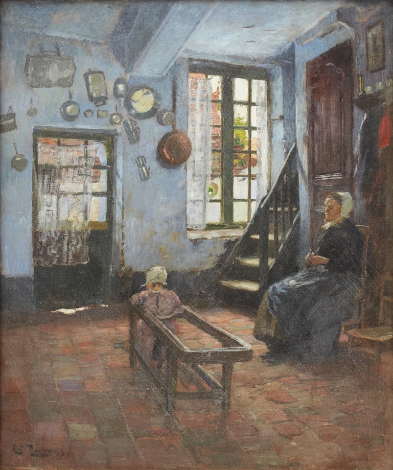 The Babysitter - Interior with child and woman by Fritz Thaulow