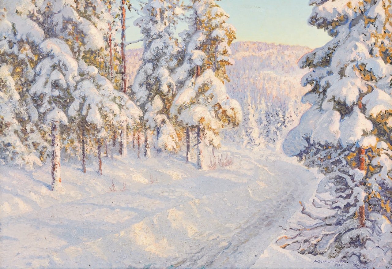 Winter landscape with snow-laden firs by Anshelm Schultzberg