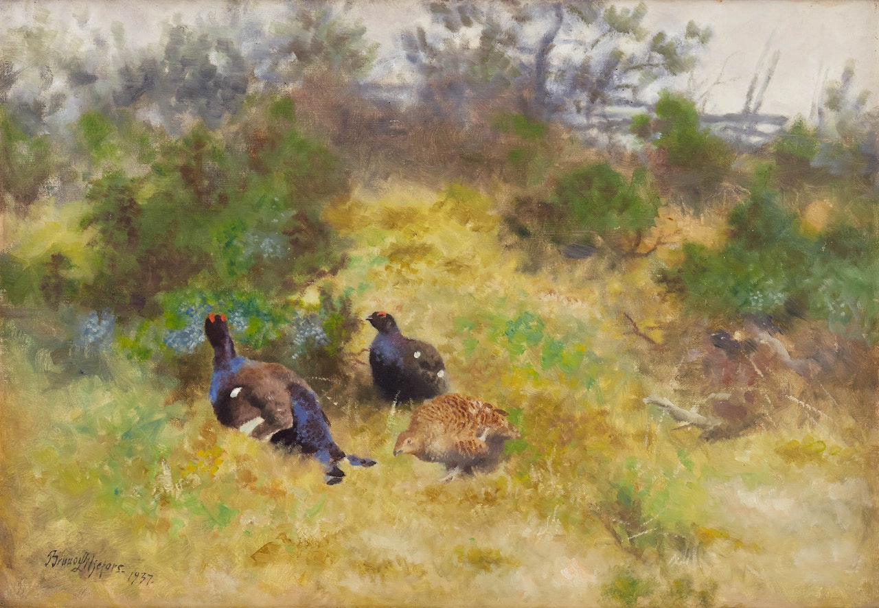 Orioles in verdant landscape by Bruno Liljefors