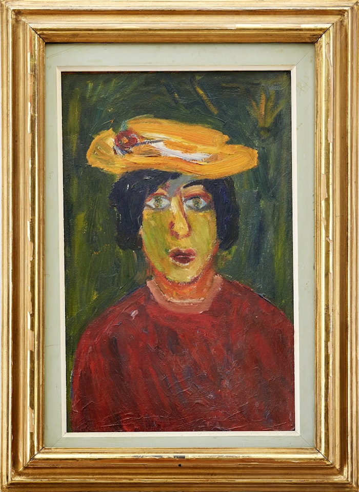 Portrait of woman in yellow hat by Ivan Ivarson