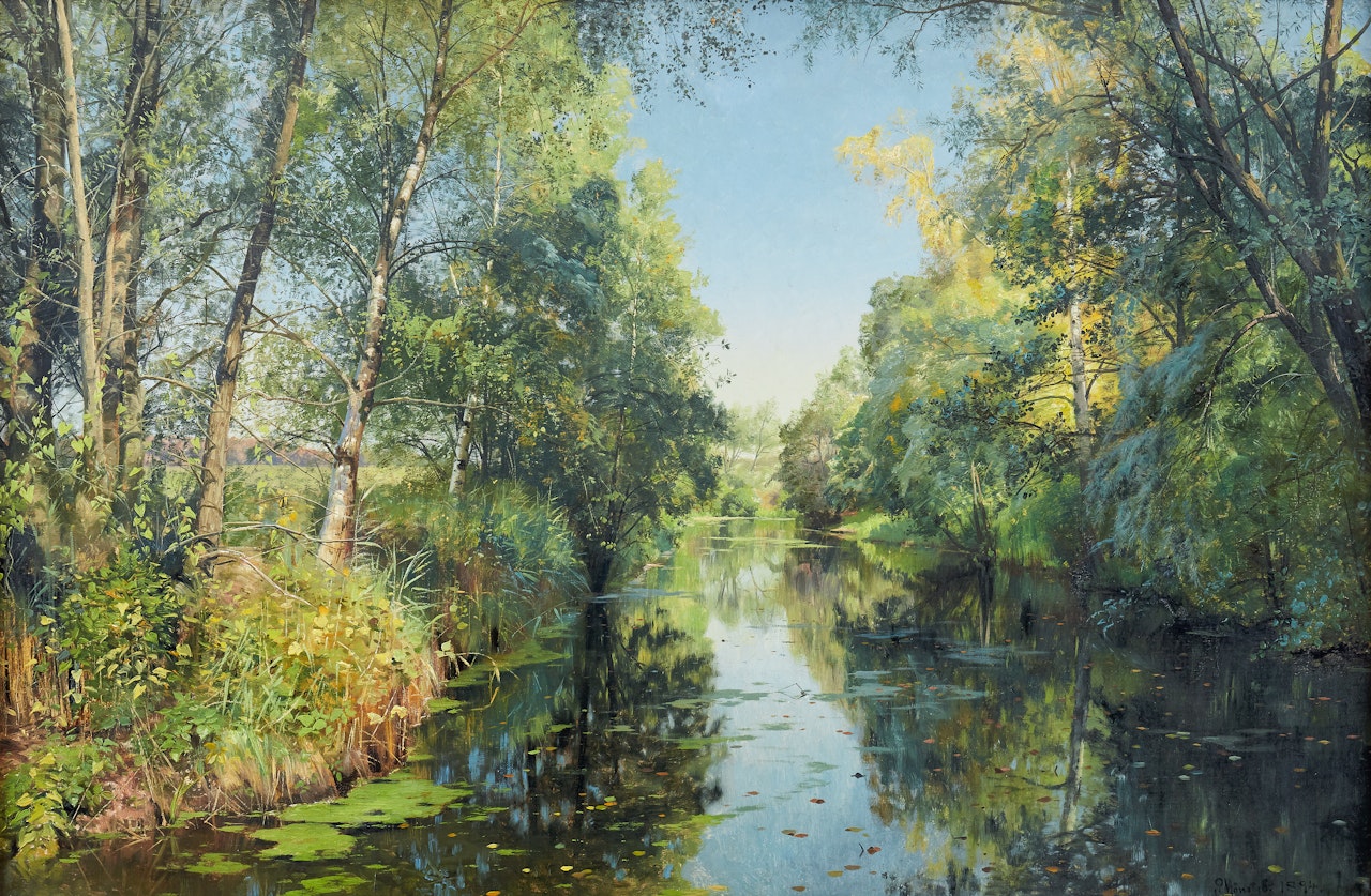 A summer river landscape by Peder Mork Monsted